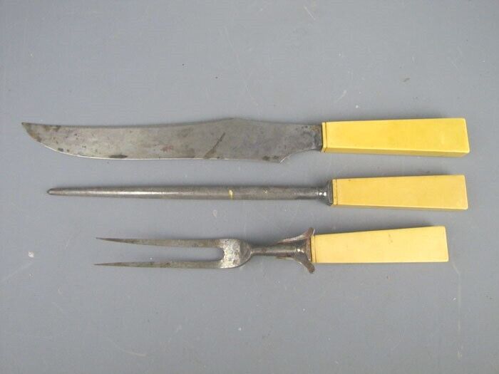 Antique WM. A. Rogers 3-Piece Carving Set Knife Sharpener Fork Celluloid Handles