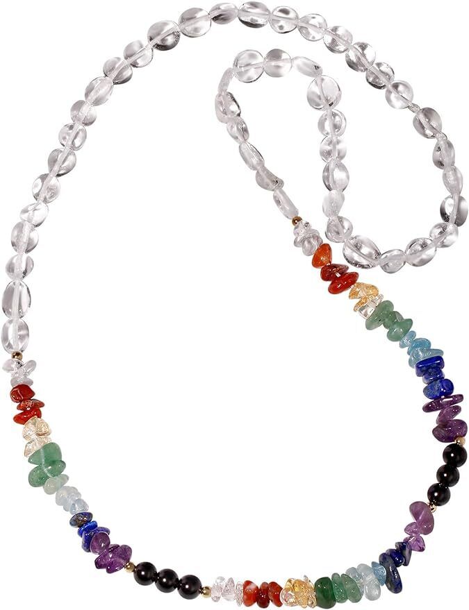 Clear Quartz 7 Chakra Beaded Necklace Tumbled Healing Crystals Spiritual