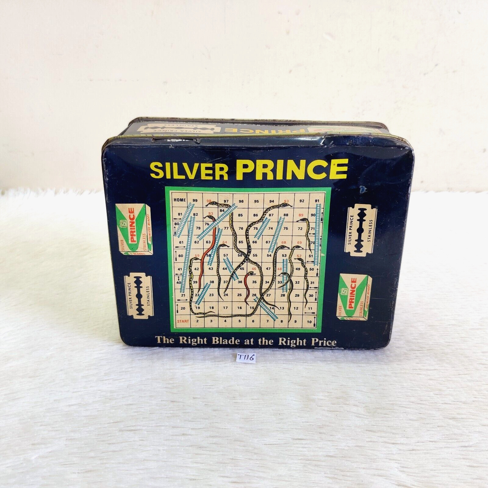 1950 Vintage Snake & Ladder Graphics Silver Prince Blade Advertising Tin T116