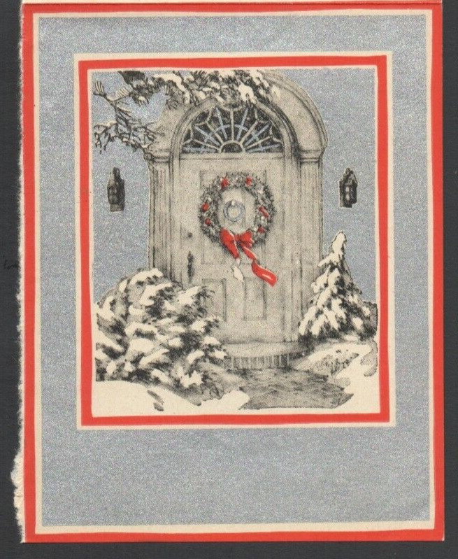Vintage Christmas Card 1920-30s Silver toned Snowy Front Porch Door w/ Wreath