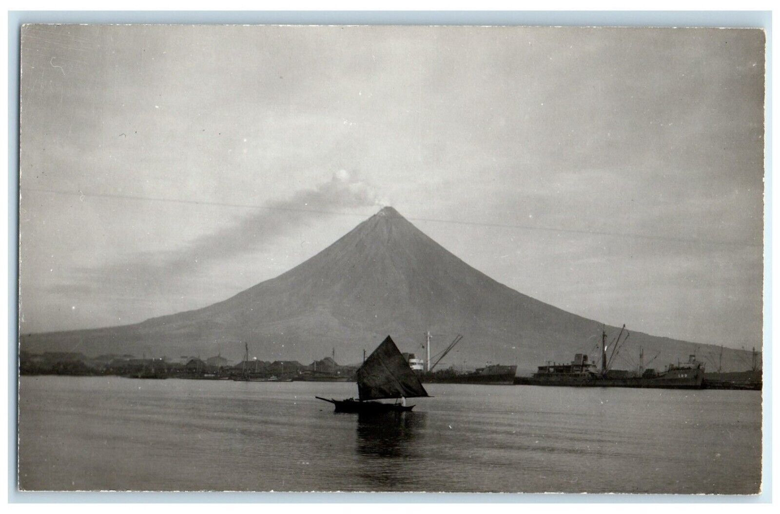 c1940's View Of Mayon Volcano Philippines PH, Sailboat RPPC Photo Postcard