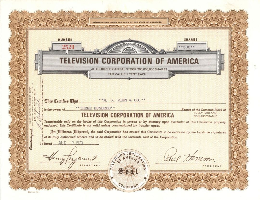 Television Corporation of America - 1974 dated Entertainment Stock Certificate -