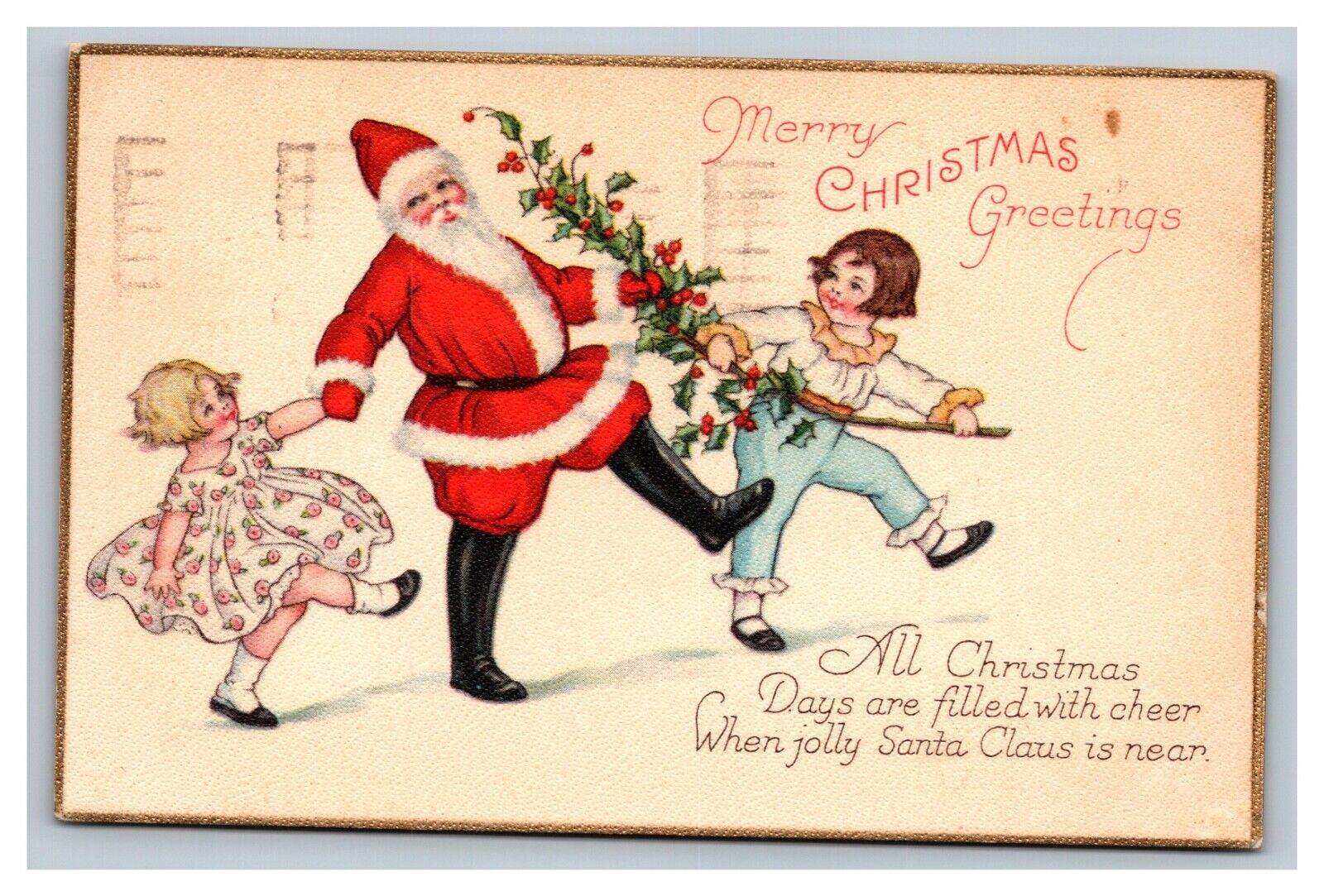 Vintage 1924 Christmas Postcard Santa Claus Dances with Children Mistletoe