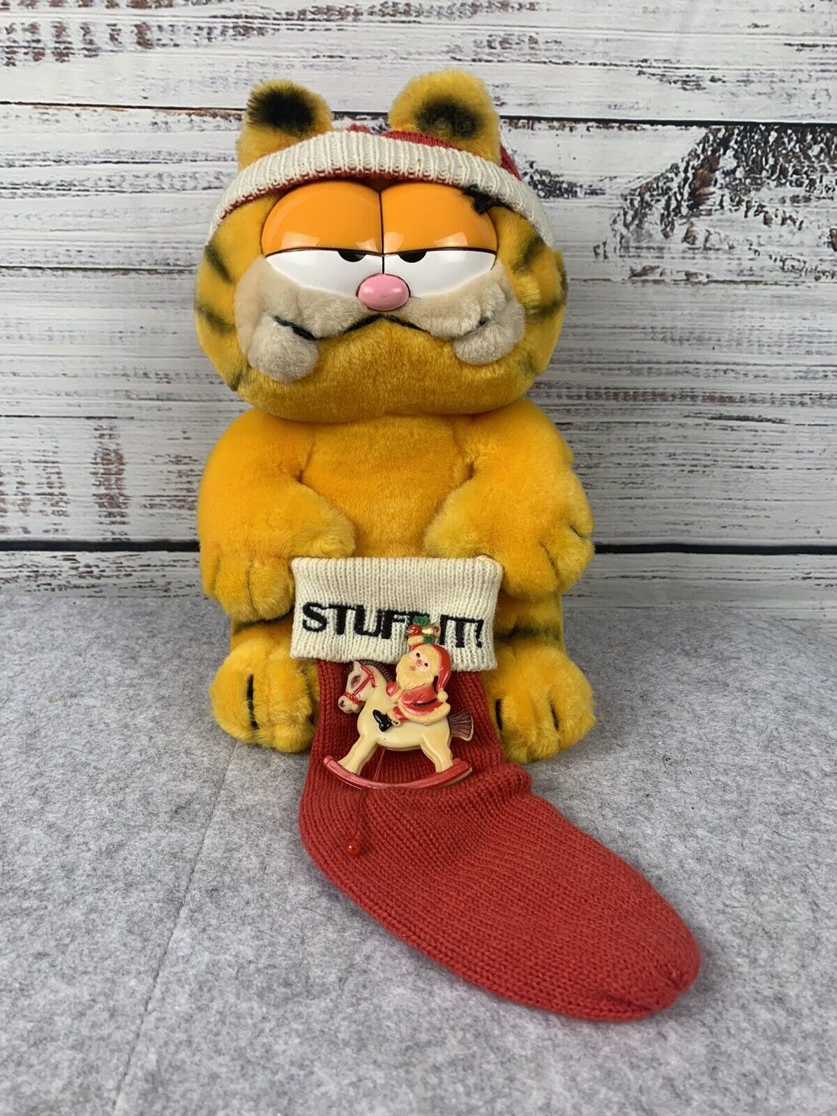 Vintage Christmas Garfield plush 1981 In Santa Hat/Stocking With Collectible Pin