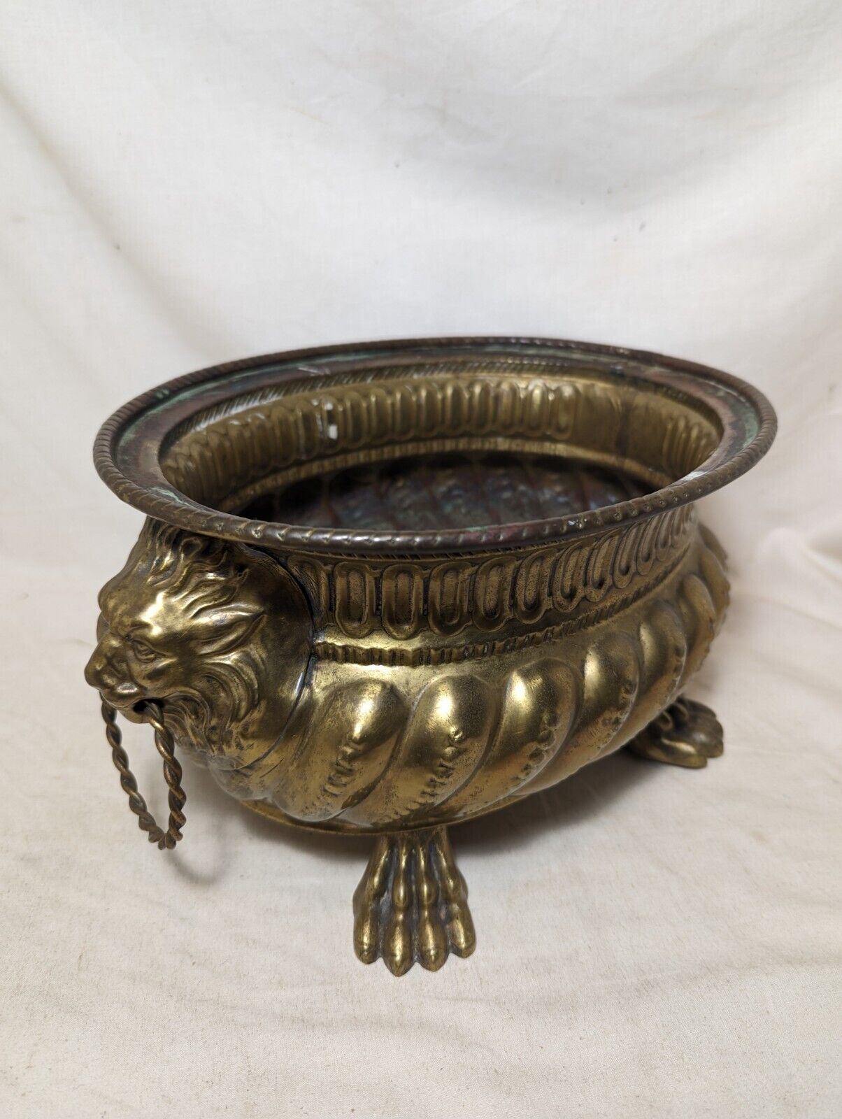 Antique Brass Lion Head Jardiniere Hand Hammered Late 19th Century French style