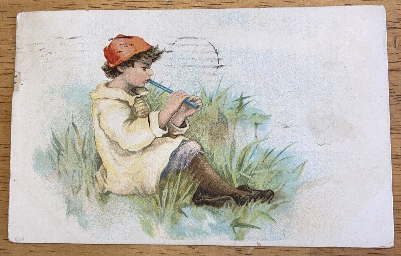 Antique 1908 Boy Playing a Flute Art Postcard New Orleans Franklin 1 Cent Stamp