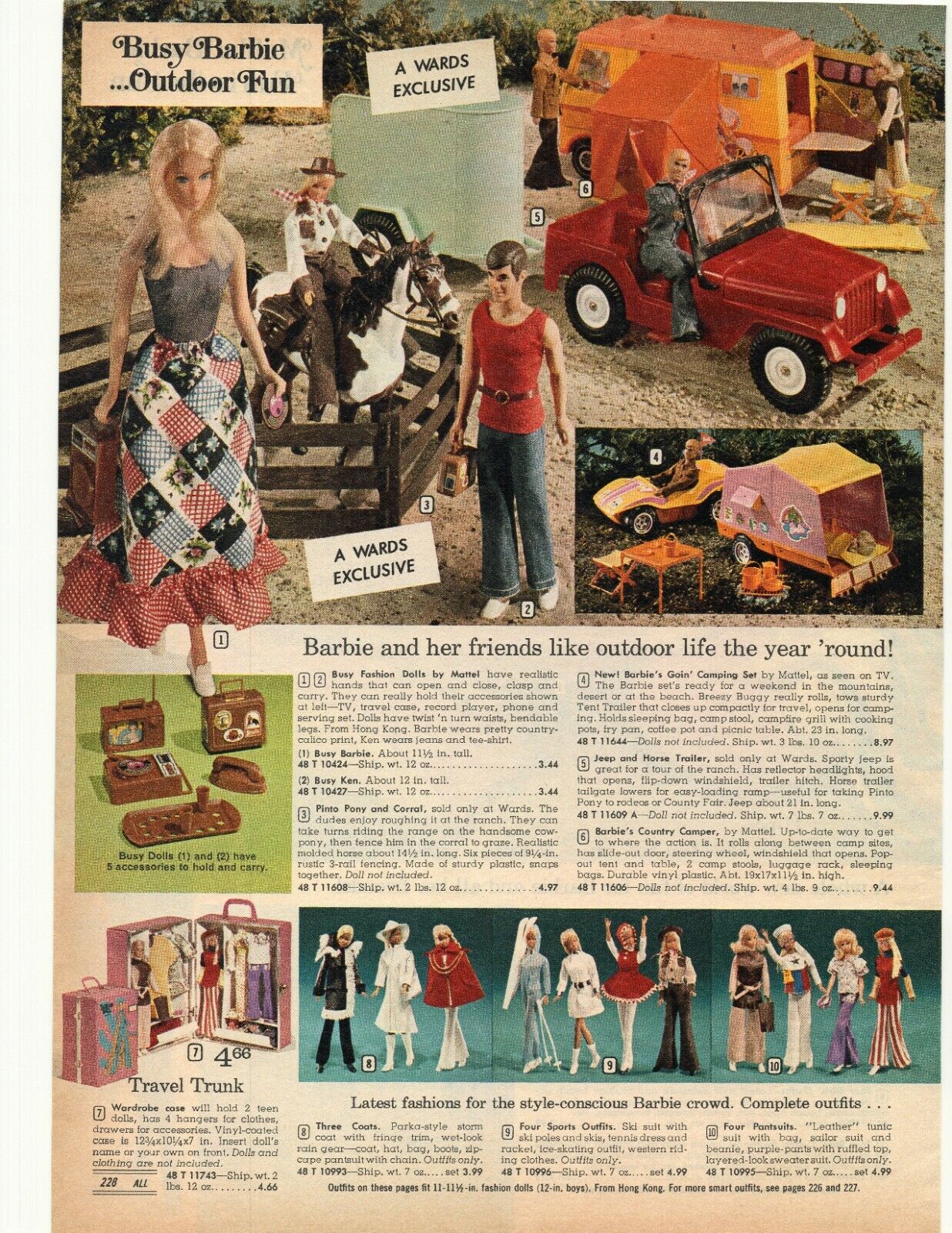 1973 Barbie Outdoor Fun, Travel Trunk, Malibu Barbie Double Sided Wards Advertis