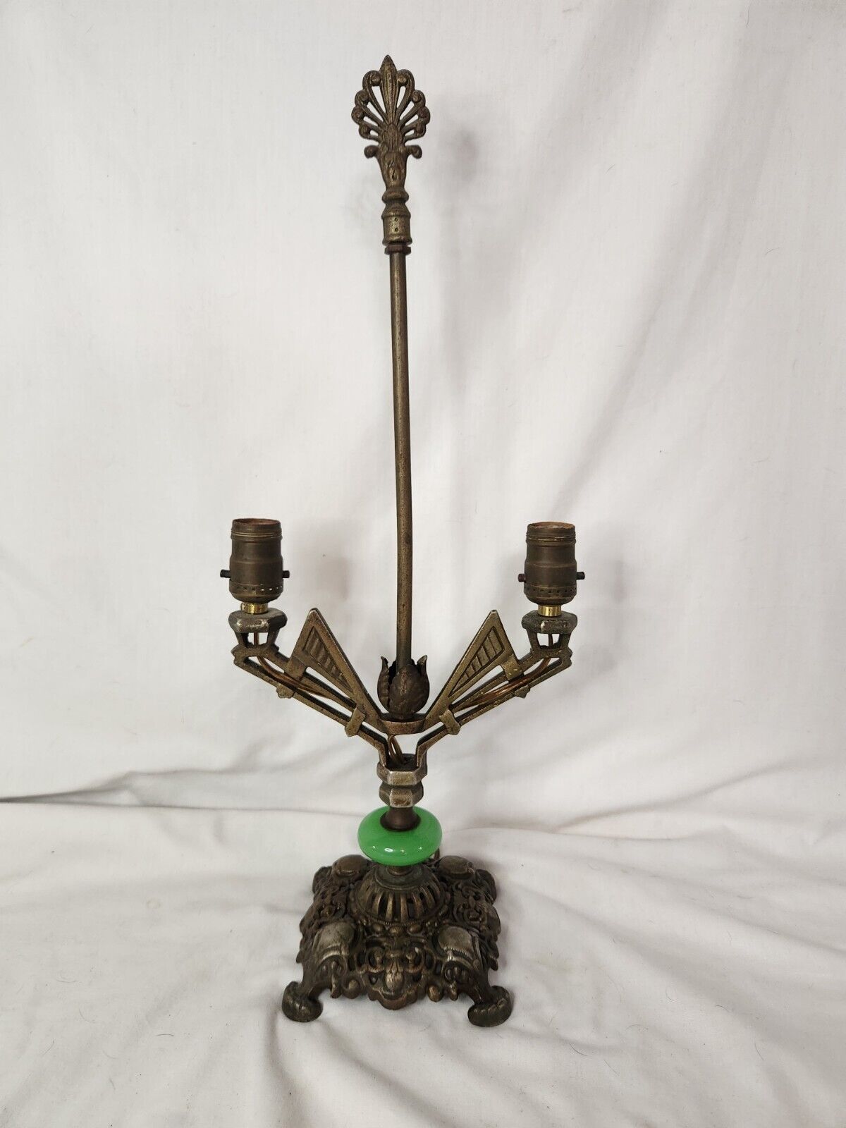 Vintage Art Deco Table Lamp with Geometric Design & Jadeite Glass Accent