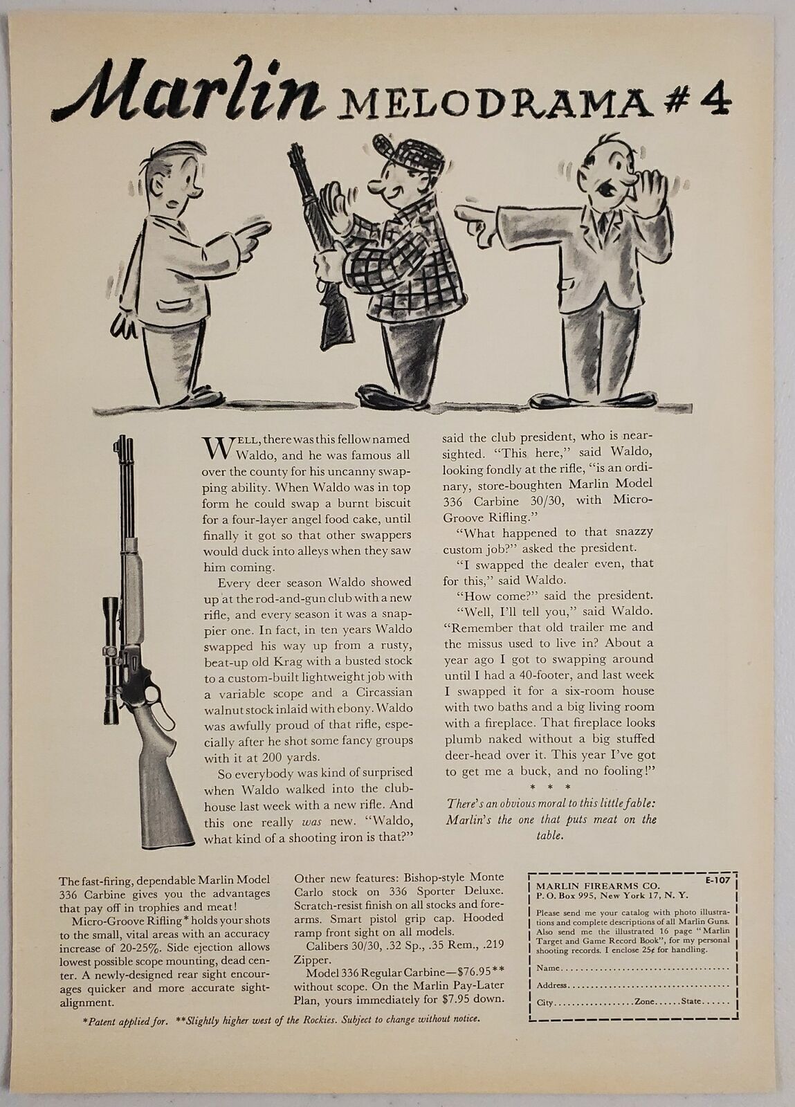 1957 Print Ad Marlin Model 336 Carbine Rifles Ed Zern Cartoon Ad
