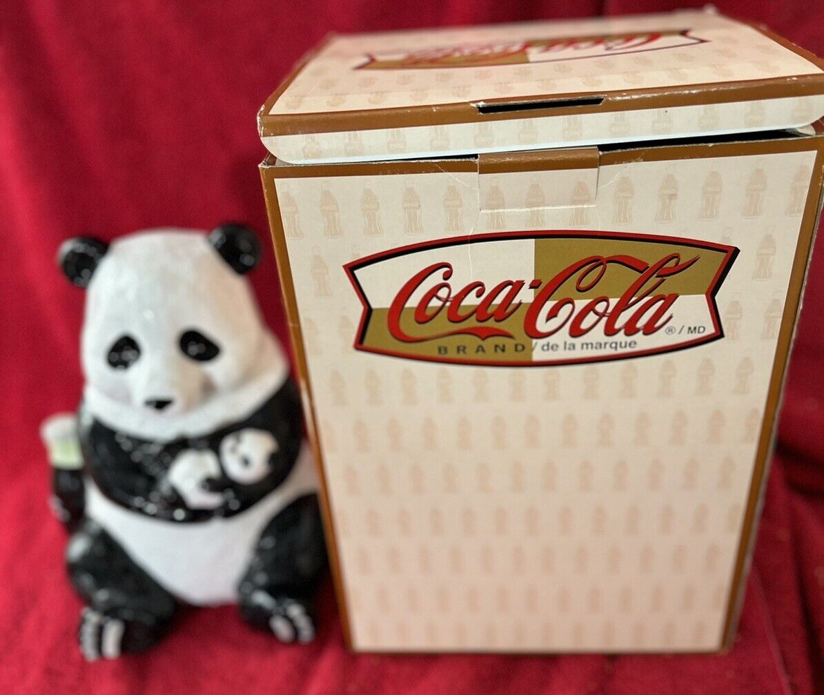 Vintage 2000 Coca-Cola Panda Family Ceramic 9.75” Cookie Jar With Box. Coke.
