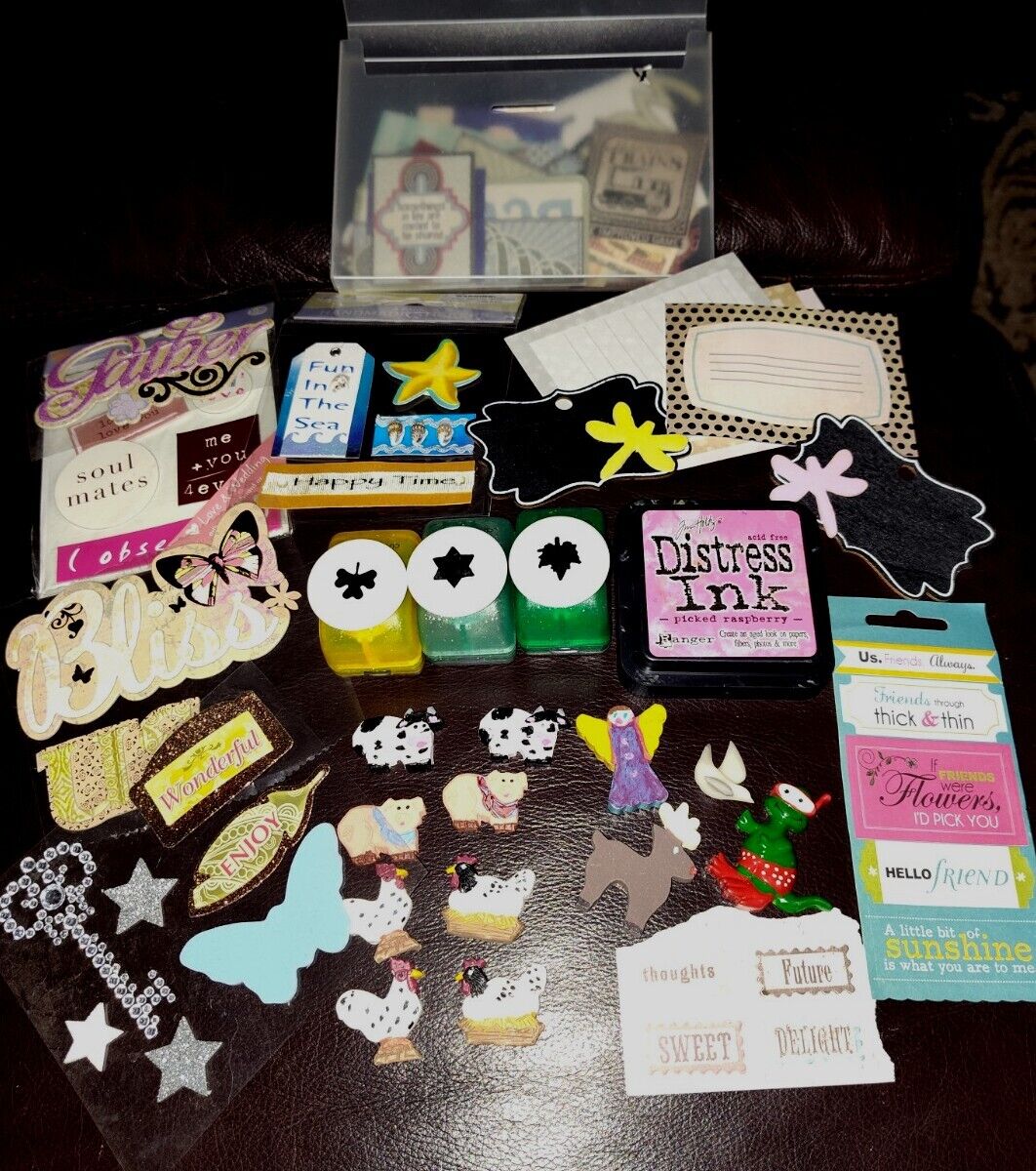 Large Assorted Scrapbook Lot Stickers, Paper, Paper Punches, Embellishments,Ink