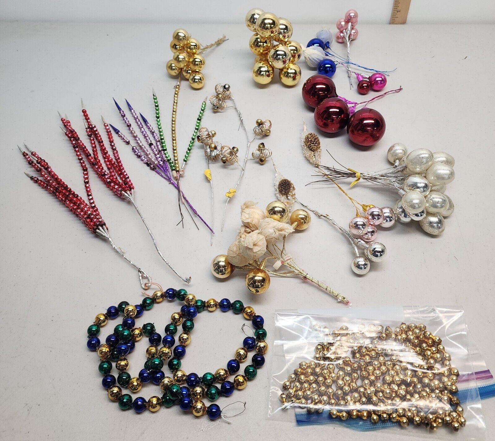 Vintage Mercury Glass Beaded Pick Stems and Garland Lot. 