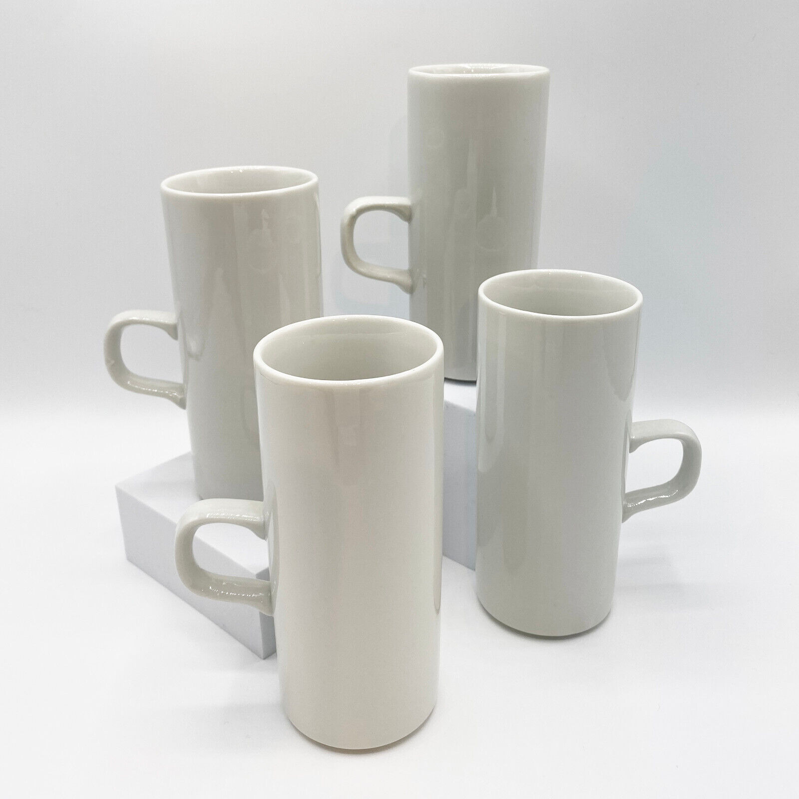 Vintage Set of 4 Tall White Espresso Cordial Mugs with Glossy Finish