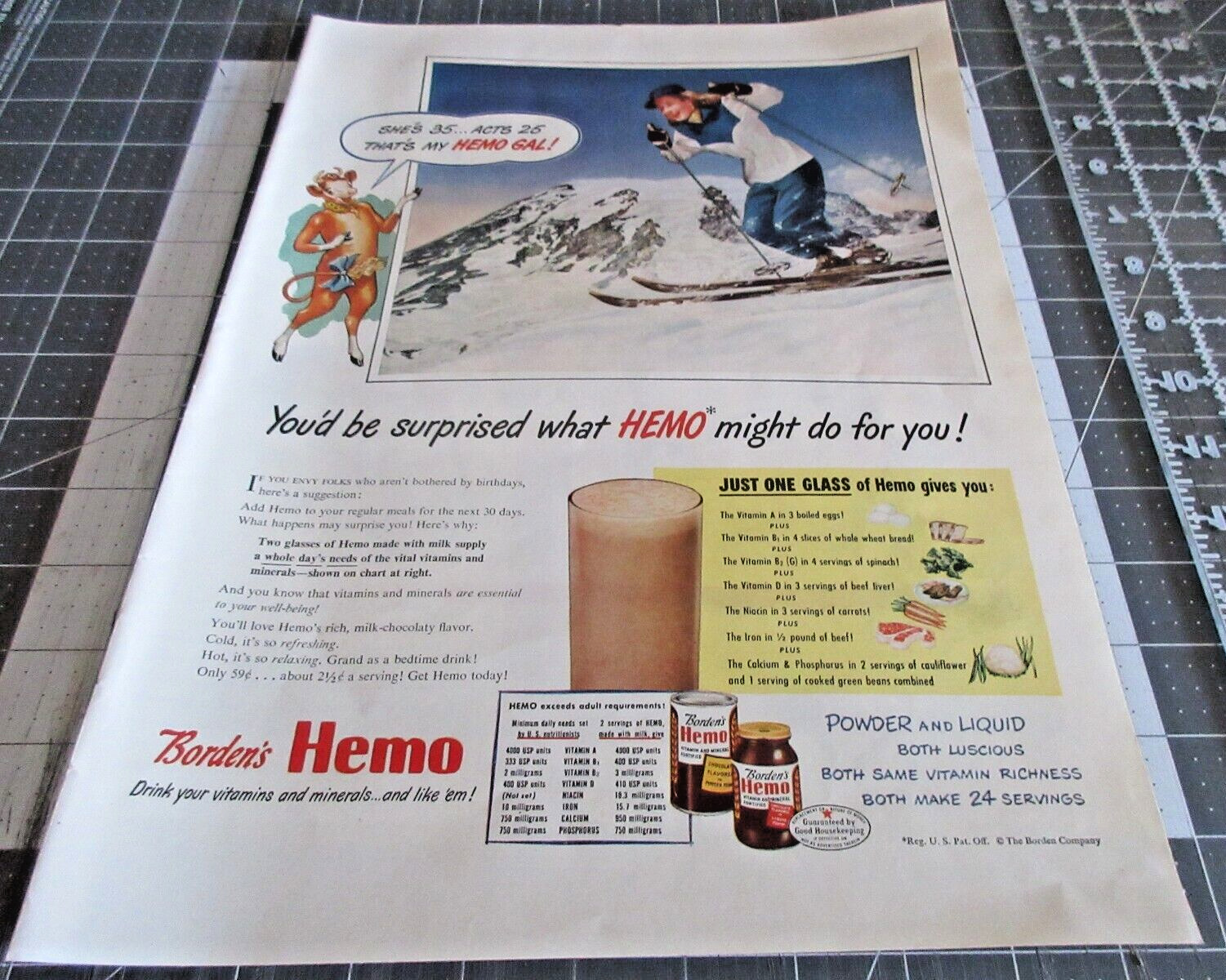 1947 Borden\'s Hemo, Skiing That\'s My Hemo Gal  Vintage Print Ad