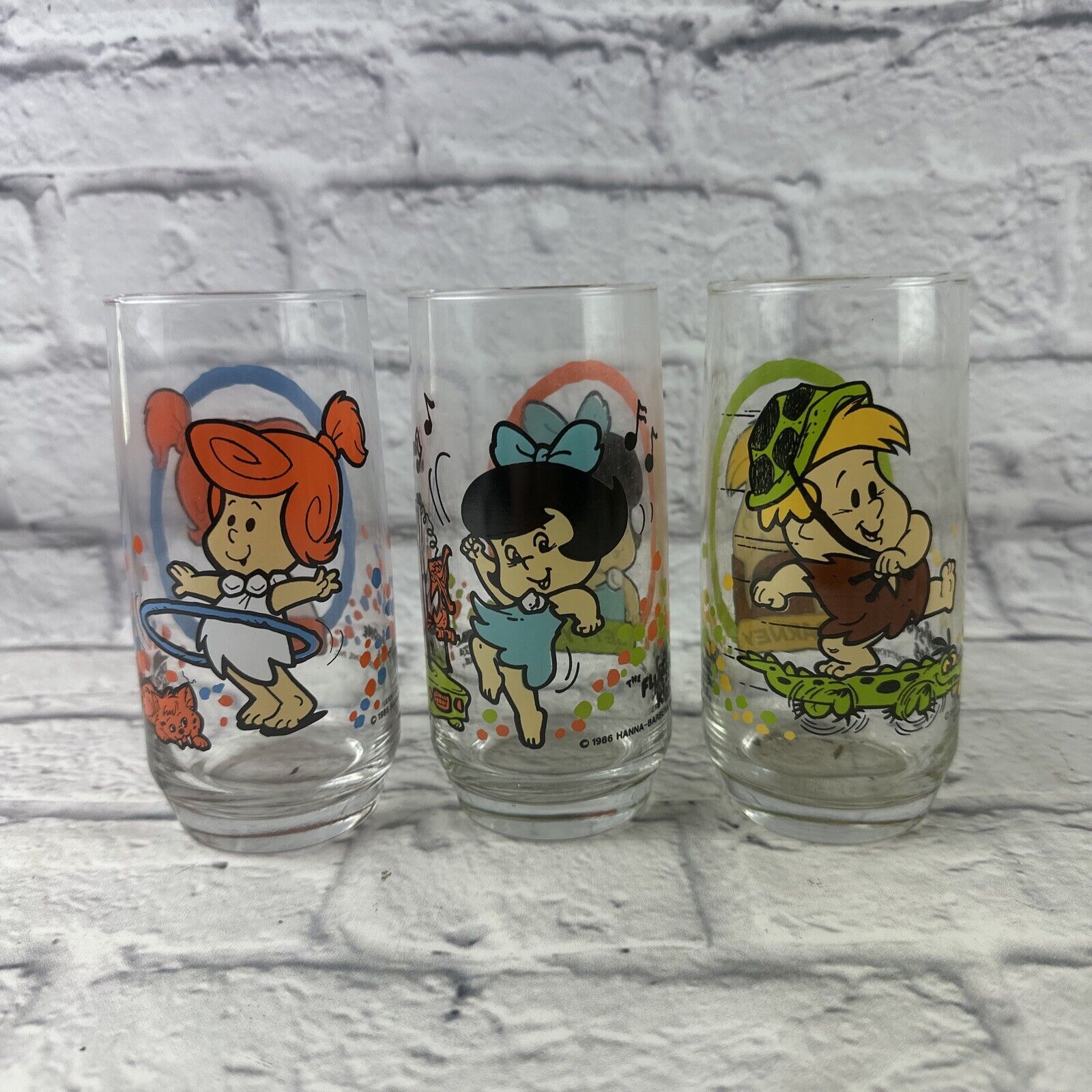 Lot of 3 1986 Pizza Hut Flintstone Kids Collectible Glasses Barney Betty Wilma