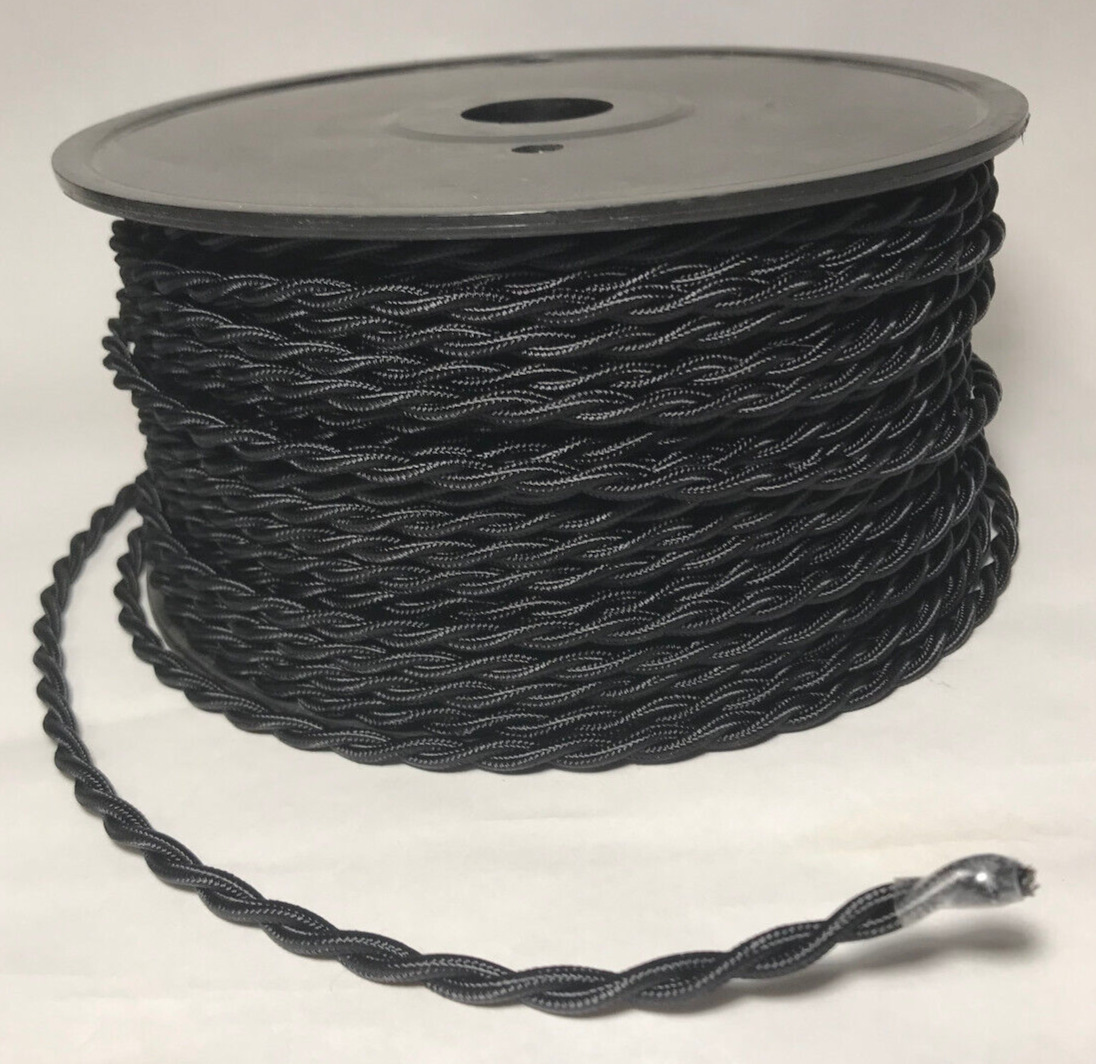 New High Quality Black Rayon Covered Twisted Pair Lamp Cord, 50\' Spool #50LC638