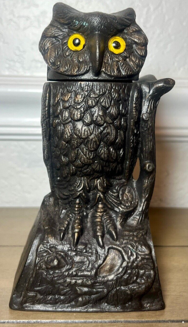 J. & E. Stevens Original Mechanical Cast Iron Bank Antique Owl Turns Head