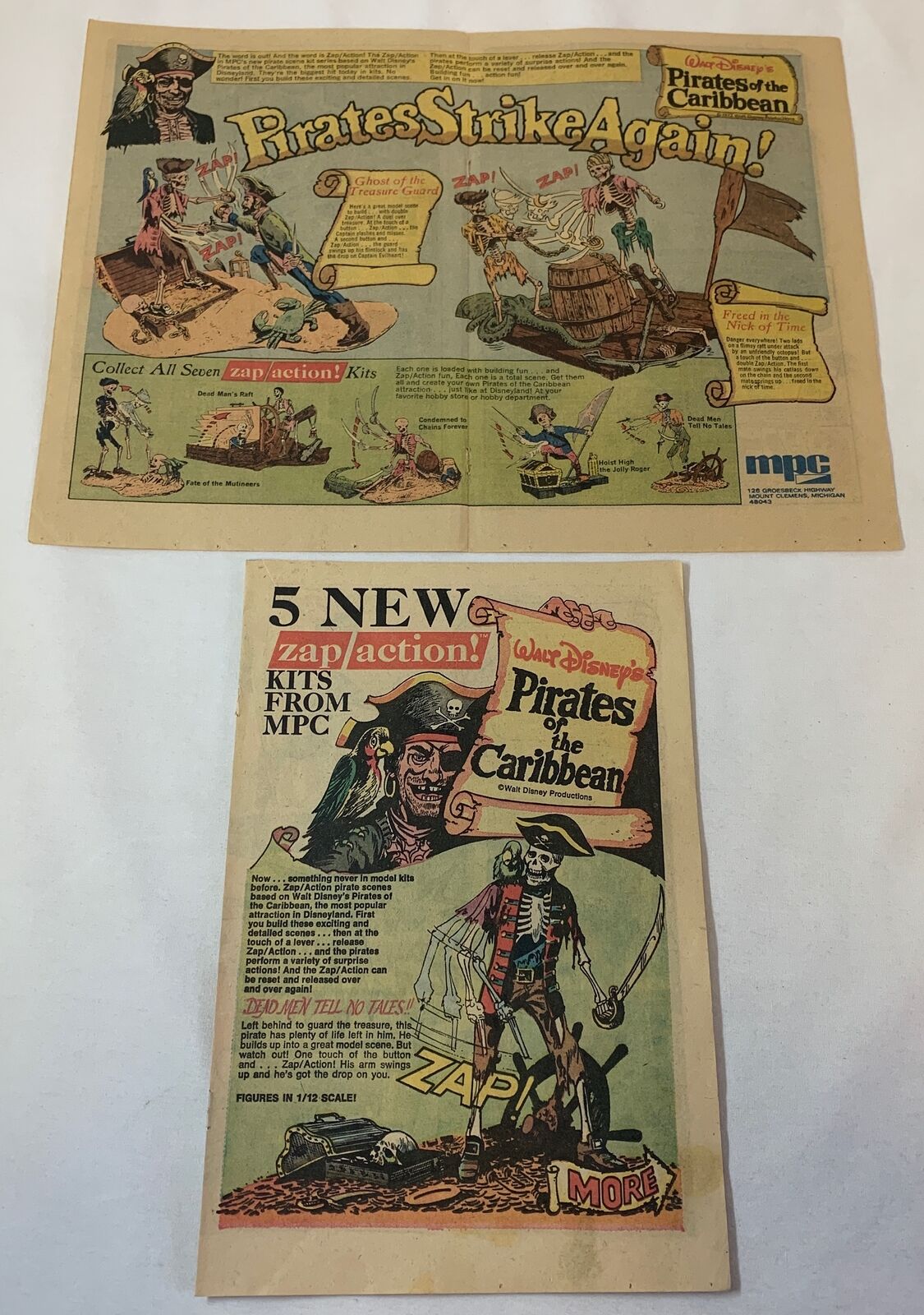 two 1970\'s MPC Walt Disney PIRATES OF THE CARIBBEAN model kits newsprint ads