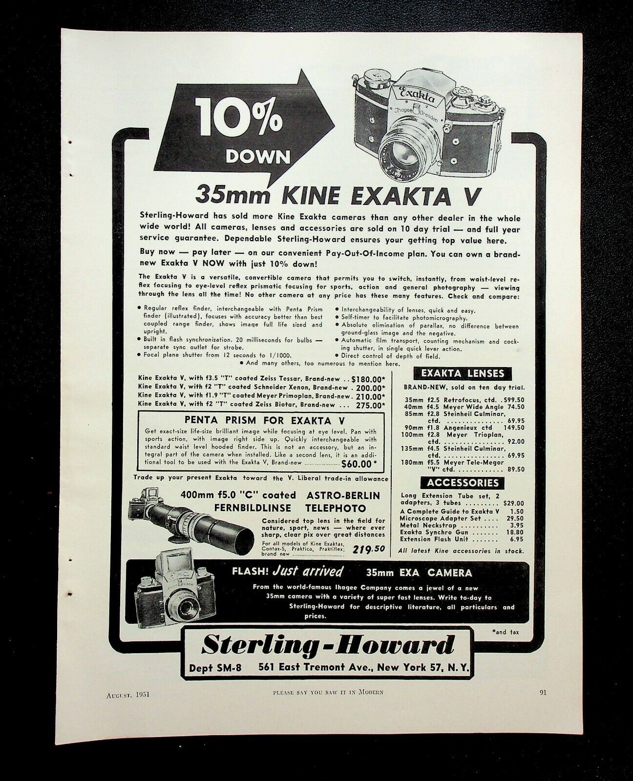 1951 35mm Kine Exakta V Camera Magazine Print Ad Sterling Howard