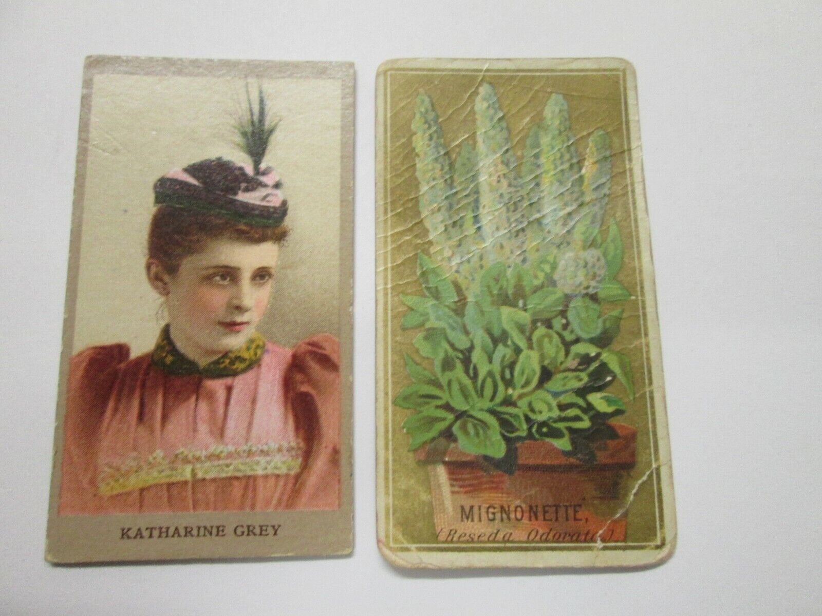   2 VINTAGE CIGARETTE CARDS. MIGNONETTE by OLD JUDGE & KATHERINE GREY by CAPORAL