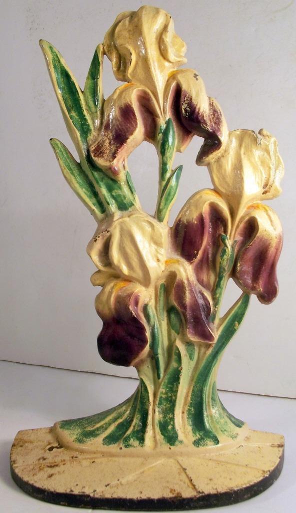 Antique All Original Cast Iron Hubley Purple Iris Flowers #469 Doorstop c1930s