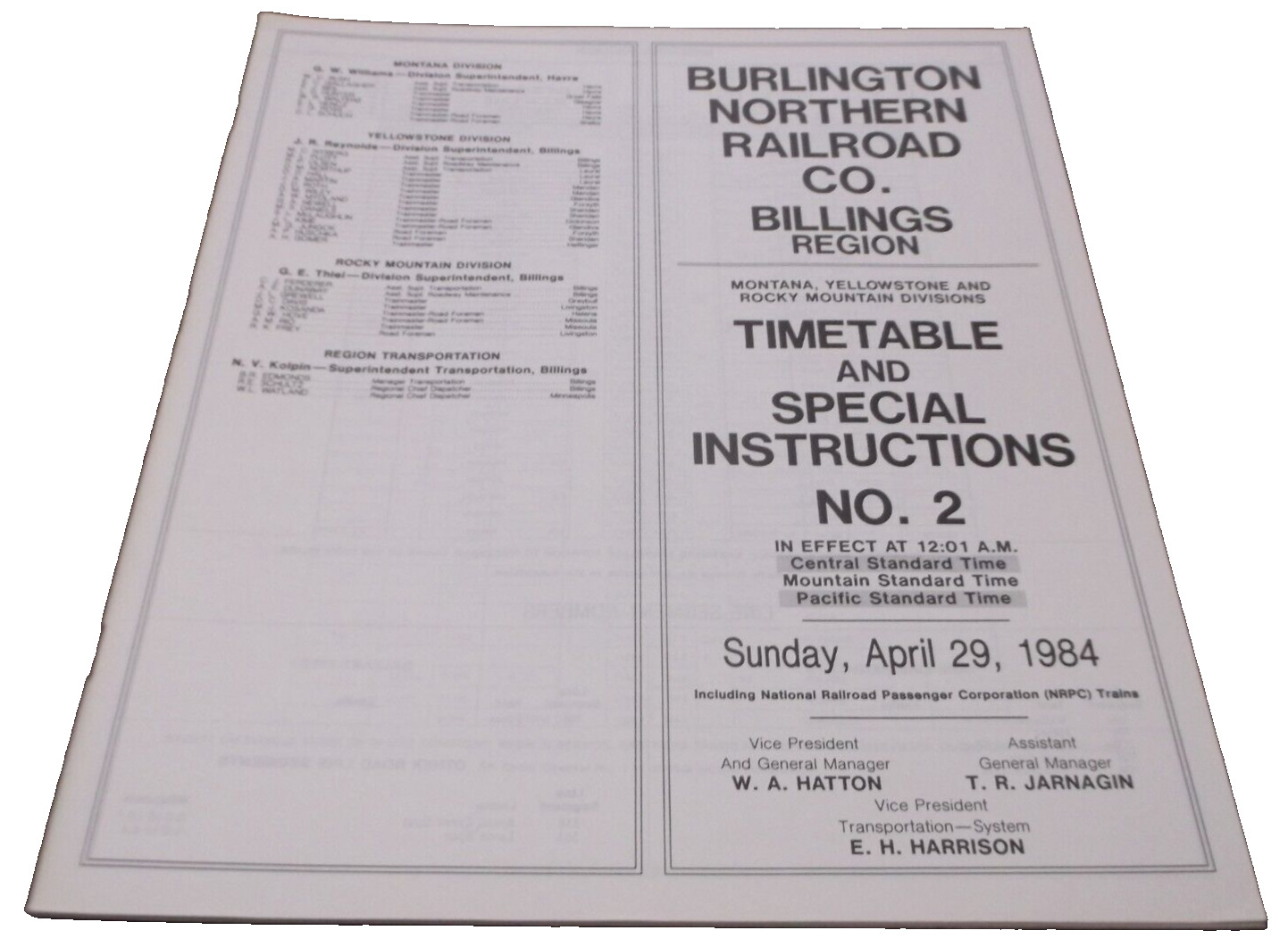 APRIL 1984 BURLINGTON NORTHERN BILLINGS REGION EMPLOYEE TIMETABLE #2