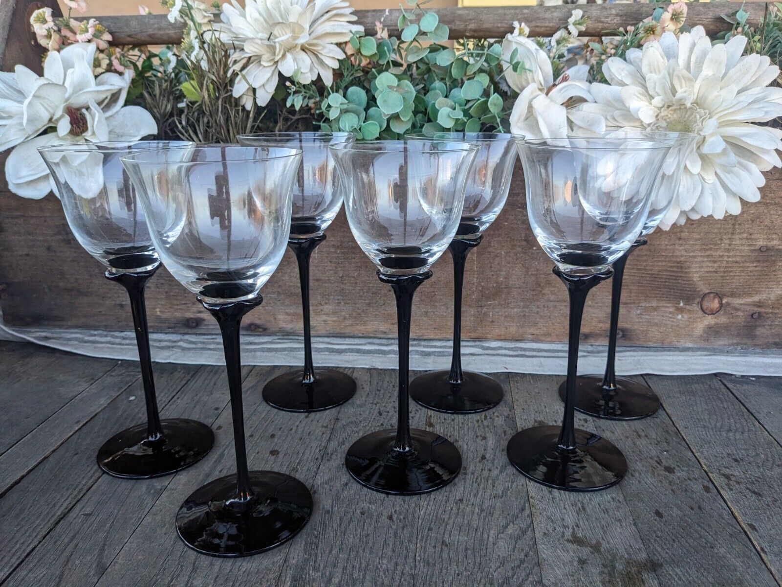 Vintage Mikasa Tulip Crystal Black Stemmed Wine Glasses (7)