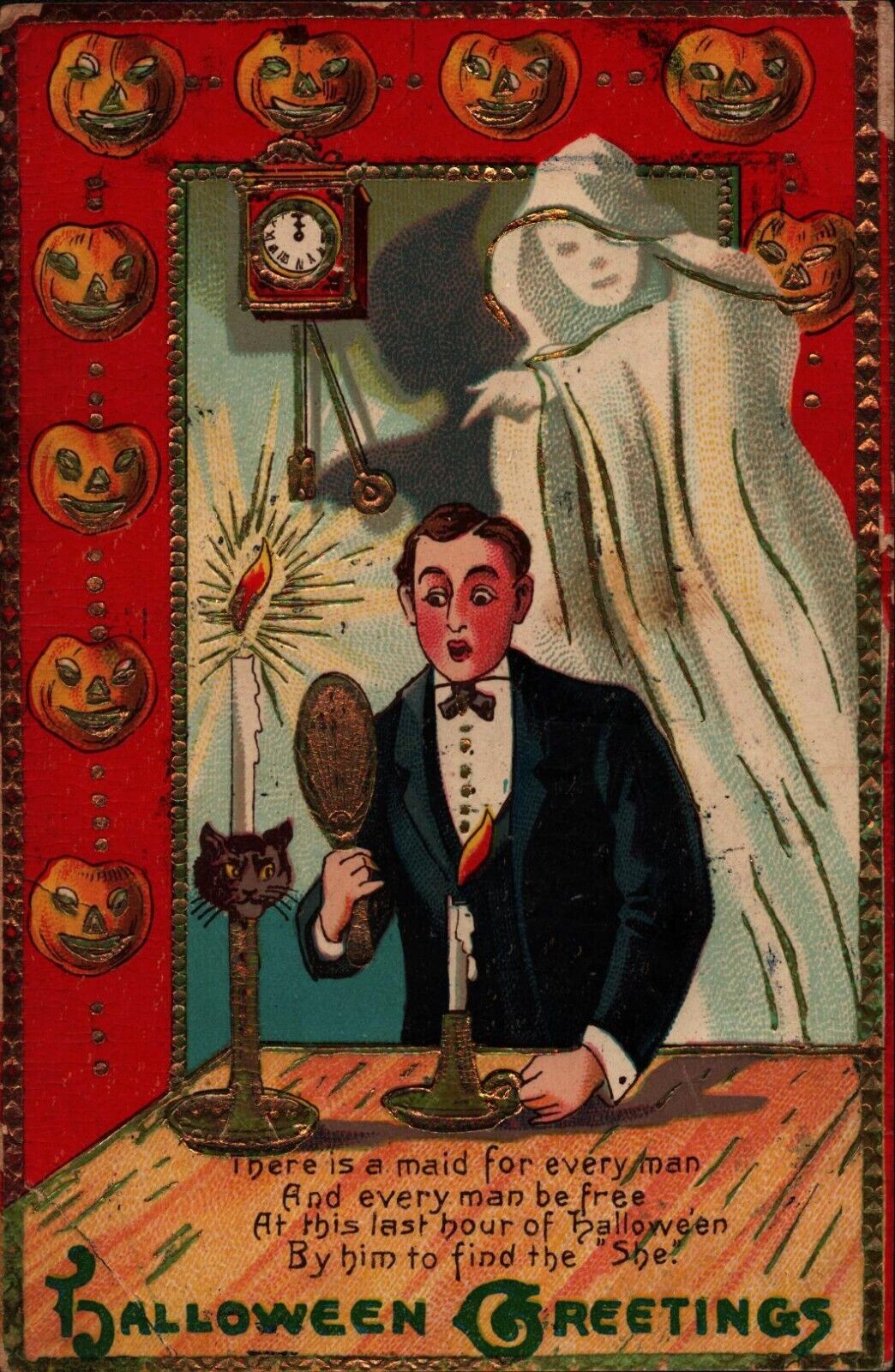 Halloween Gel Postcard Robert Kathmann Man Sees Reflection of Ghost Black Cat