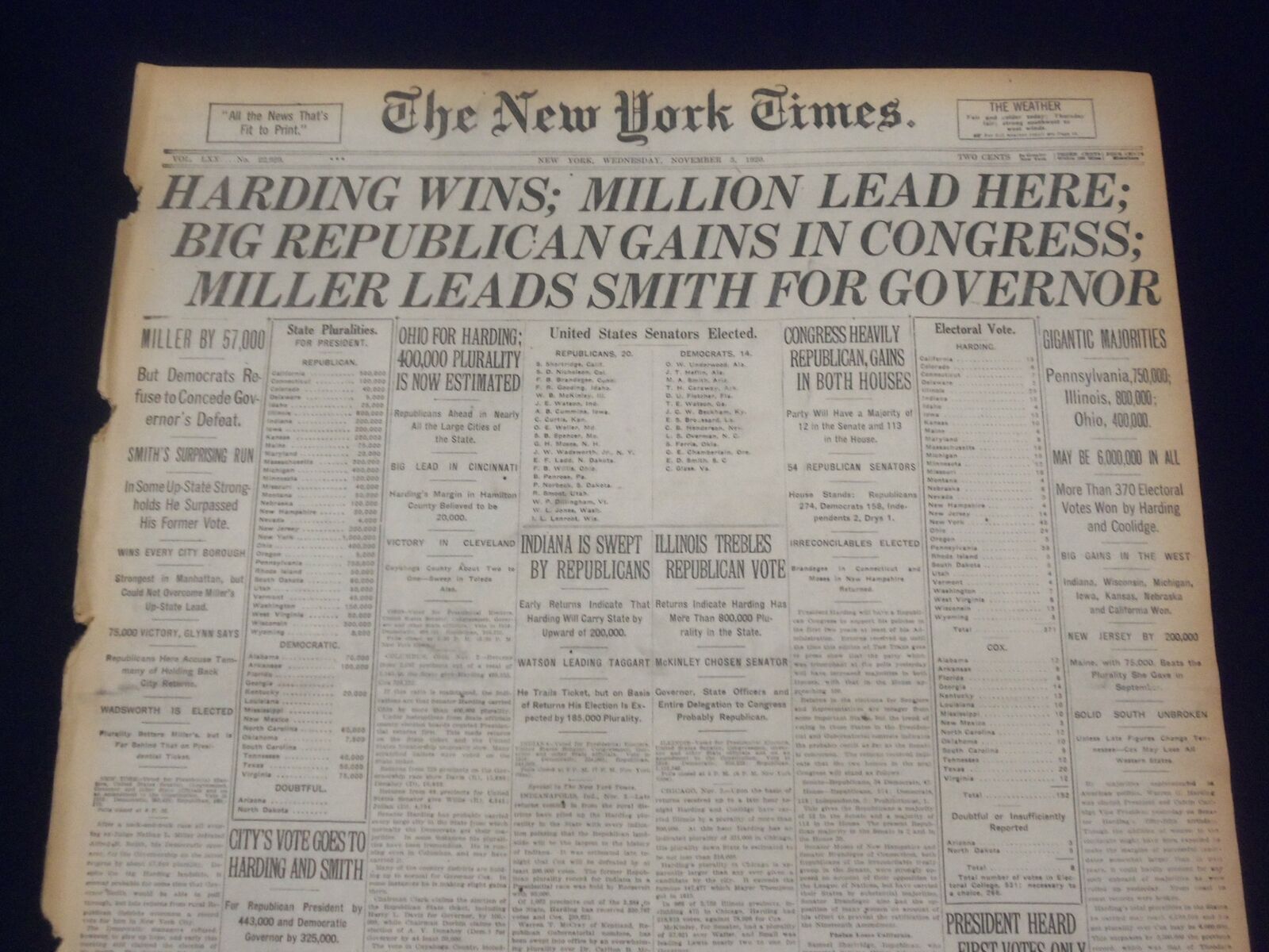 1920 NOVEMBER 3 NEW YORK TIMES - HARDING WINS, BIG REPUBLICAN GAINS - NT 8443
