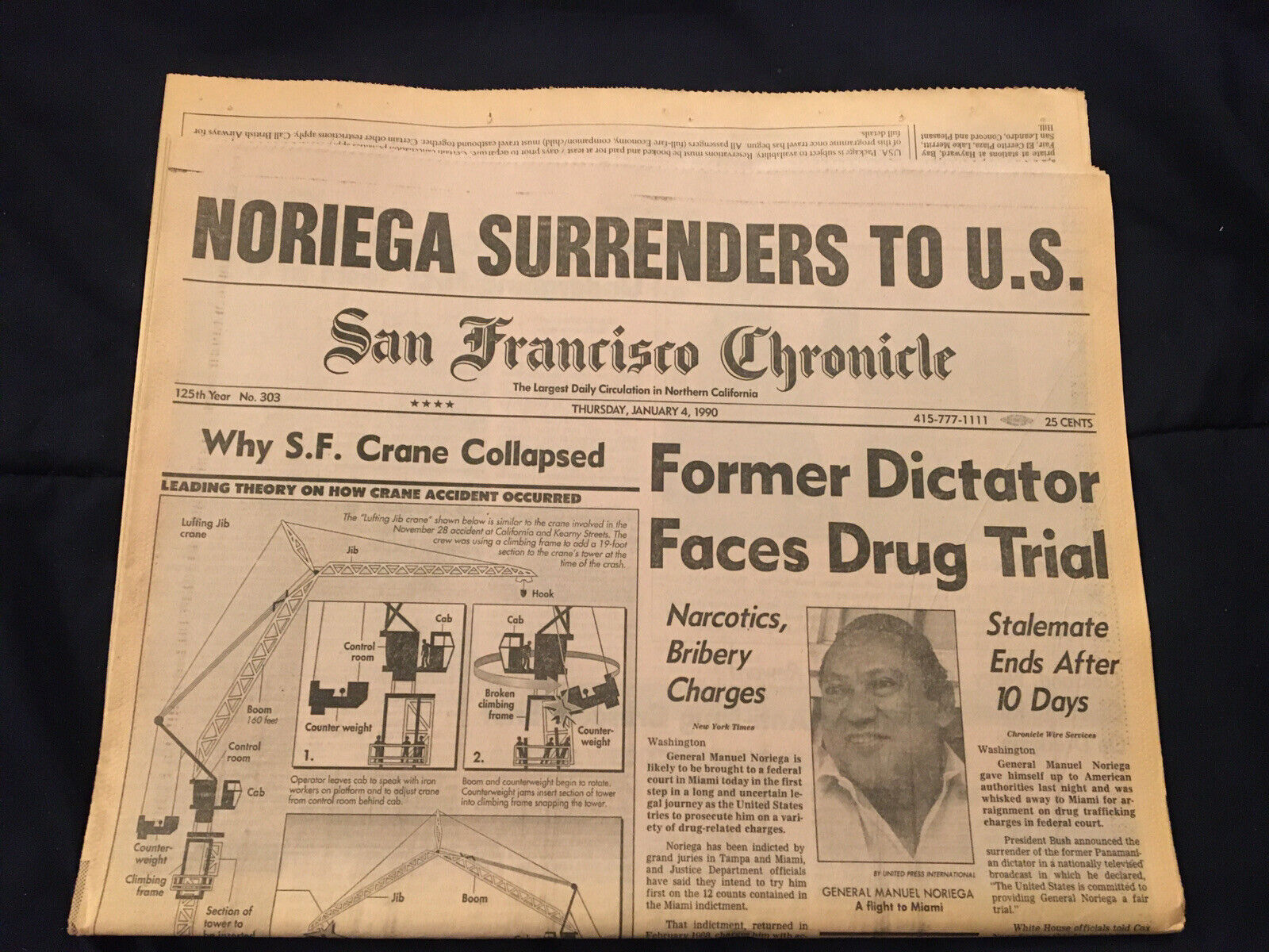 NORIEGA SURRENDERS TO U.S. JANUARY 4 1990 NEWSPAPER STORY SECTION S.F. CHRONICLE