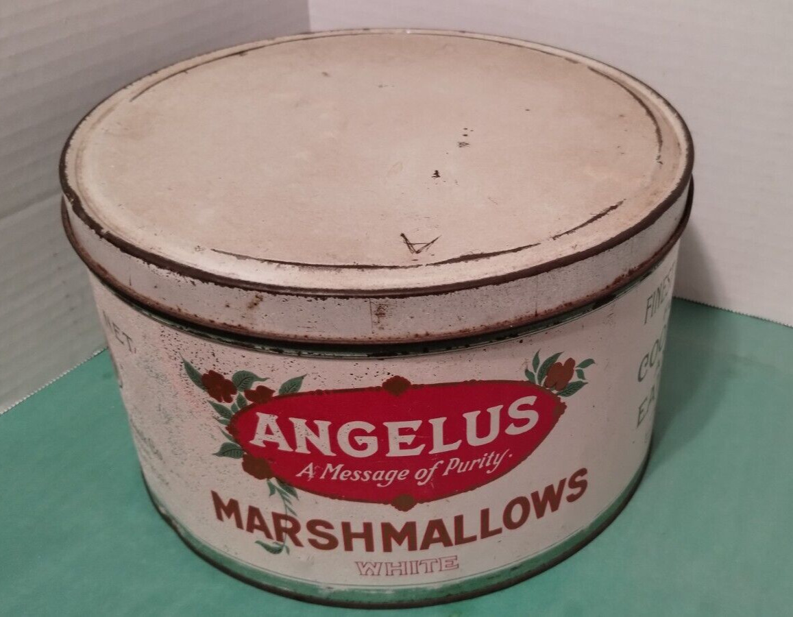 Vintage Angelus A Message Of Purity Marshmallows White Large 5Lbs. Tin Container