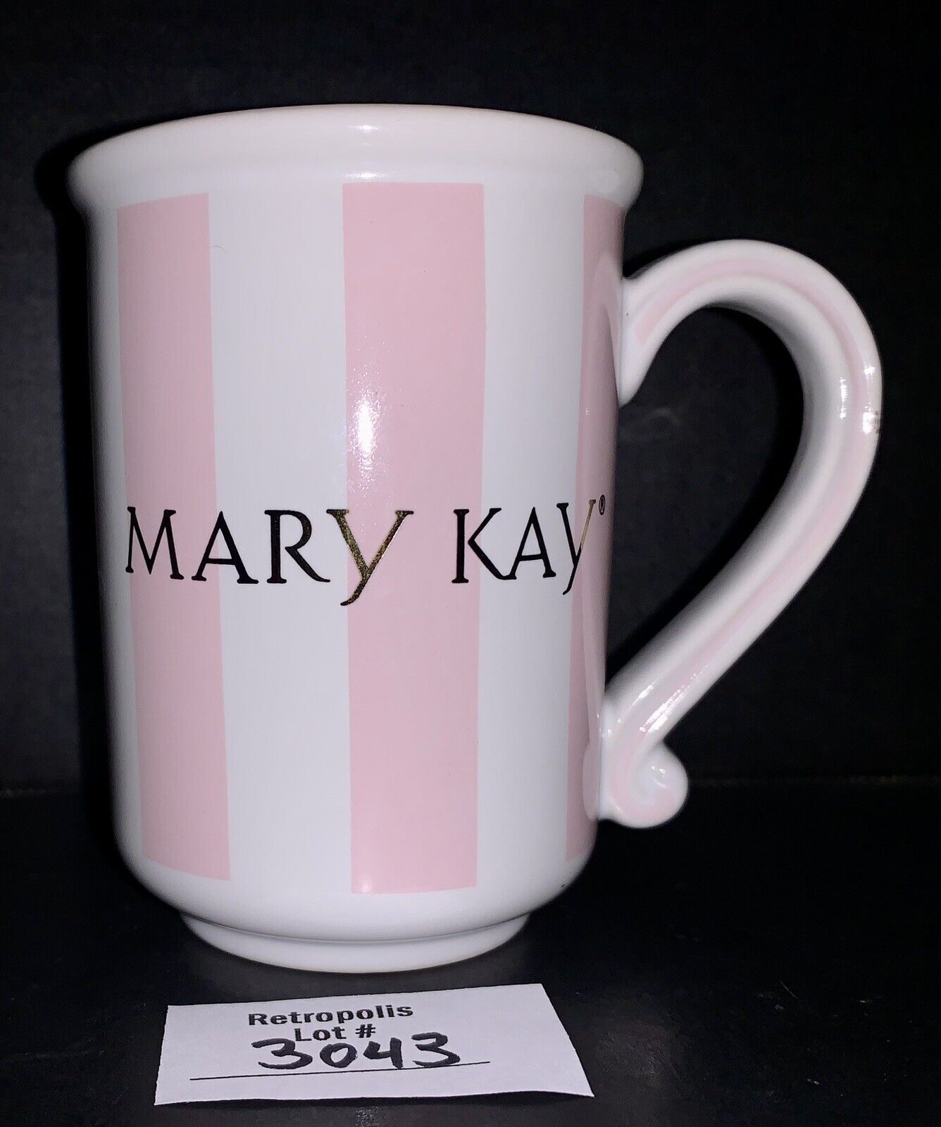 Vtg MARY KAY Pink and White Striped Ceramic Coffee Cocoa Mug Cup Collectible