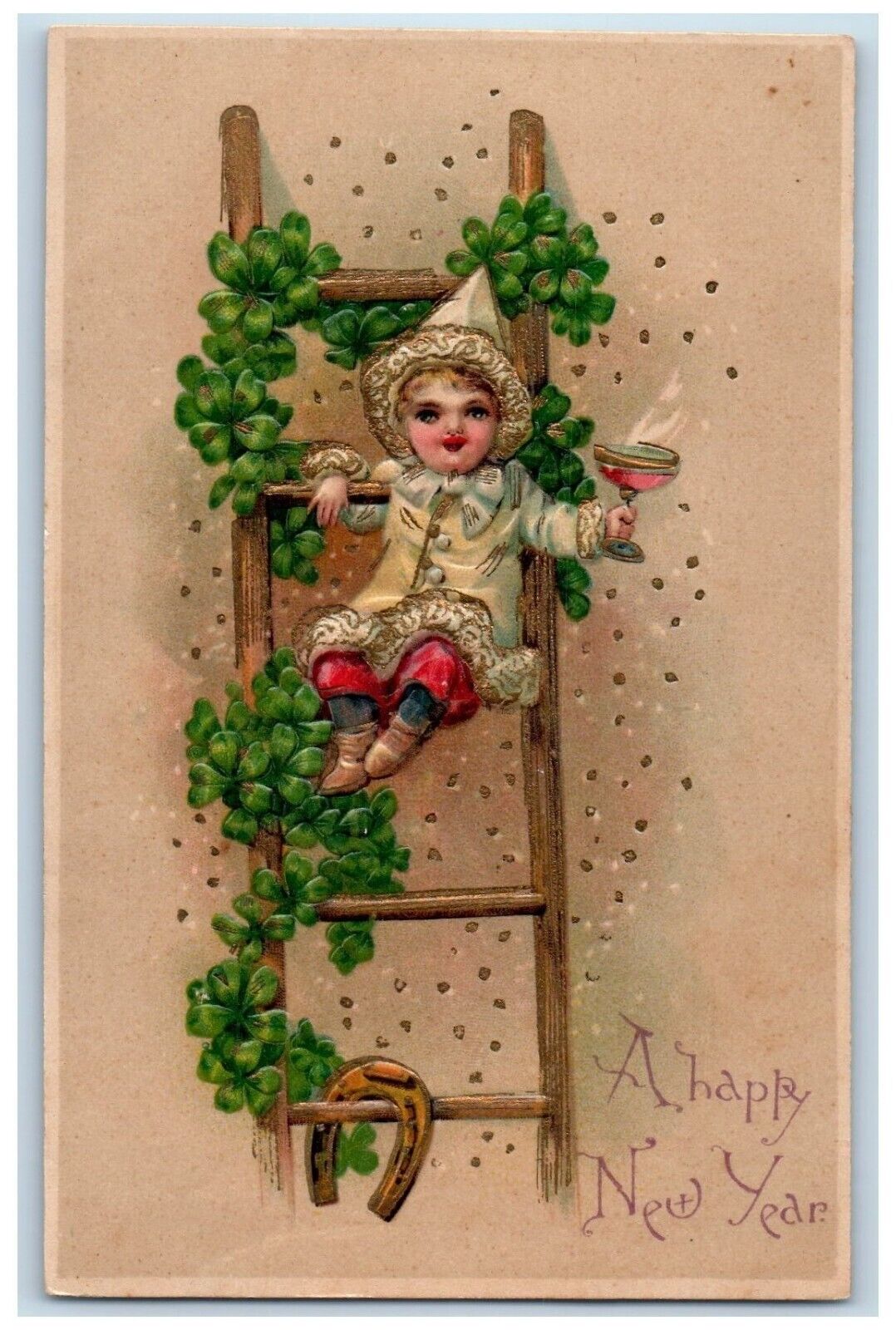 1908 Baby Drinking Champagne On Ladder Shamrocks Embossed Antique Postcard