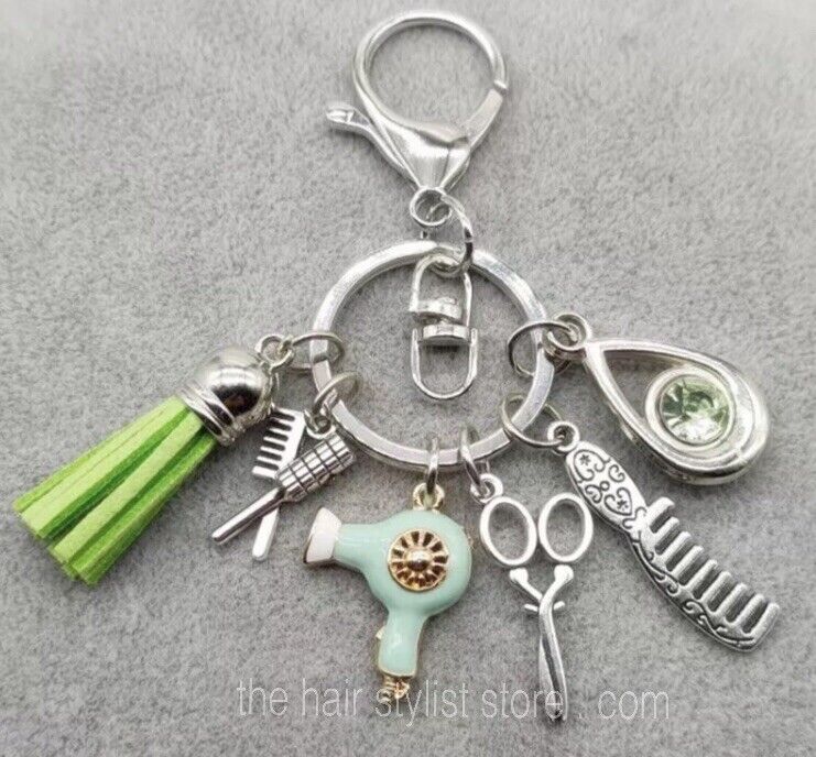 Brand New Cute Hair Stylist Dresser Shears & Comb Green Tassel Silver Keychain