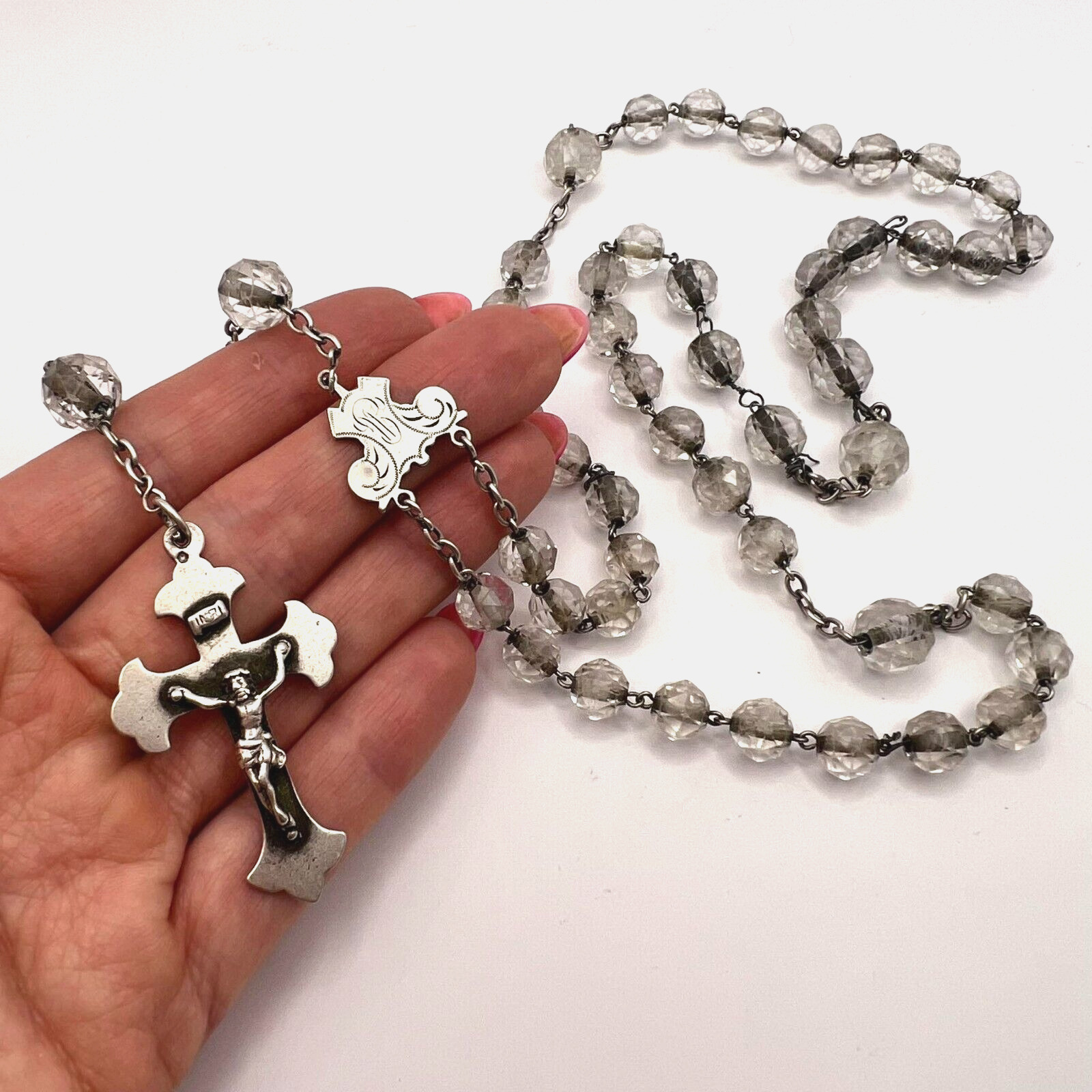 1897 Antique Catholic Rosary Glass Beads Silver 800 Cross Crucifix Pendant 