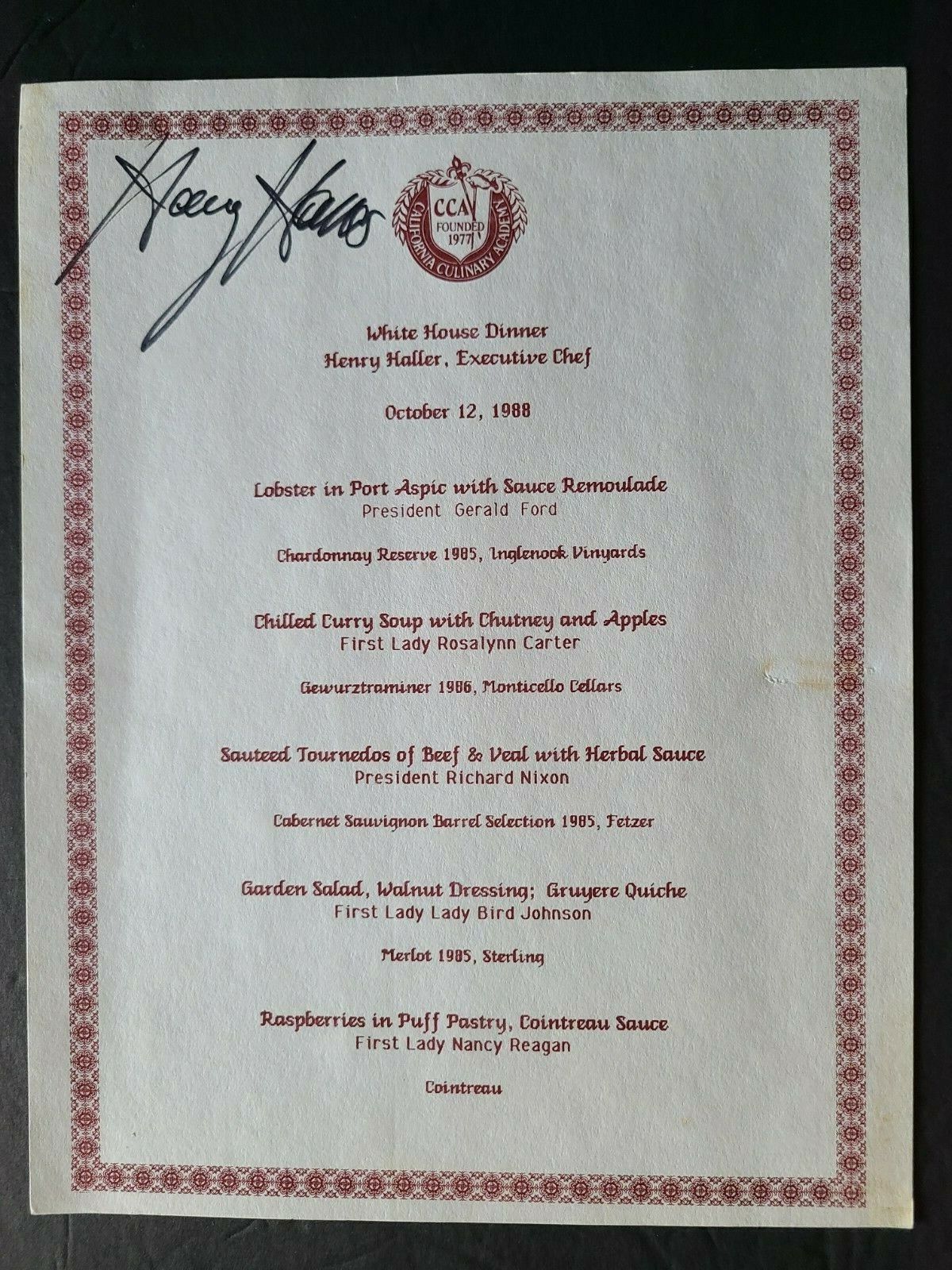 1988 Henry Haller Chef Signed White House Menu by California Culinary Academy