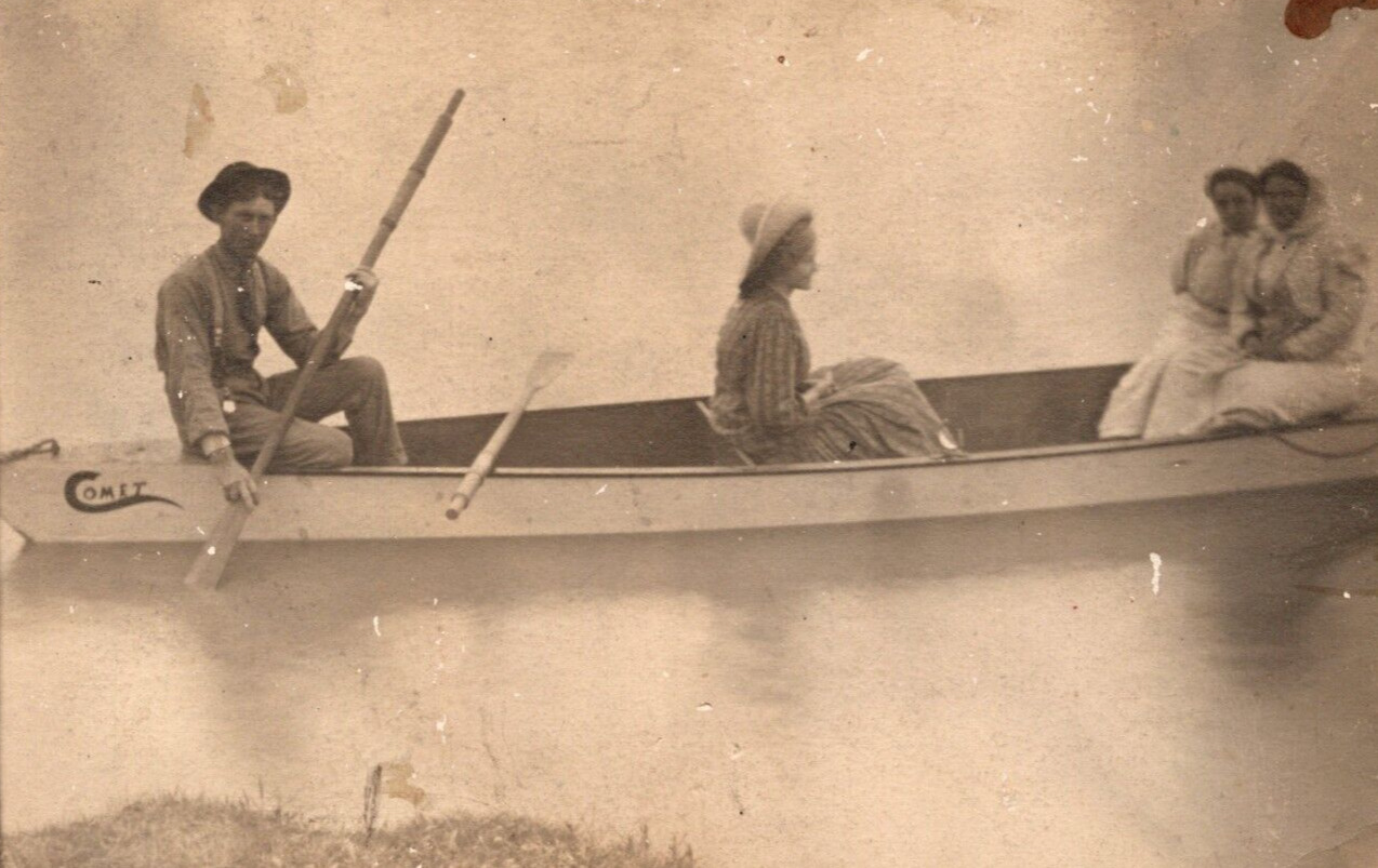 RPPC Man Paddles COMET Boat w/ Women FASHION CLASSIC IMAGE ANTIQUE Postcard