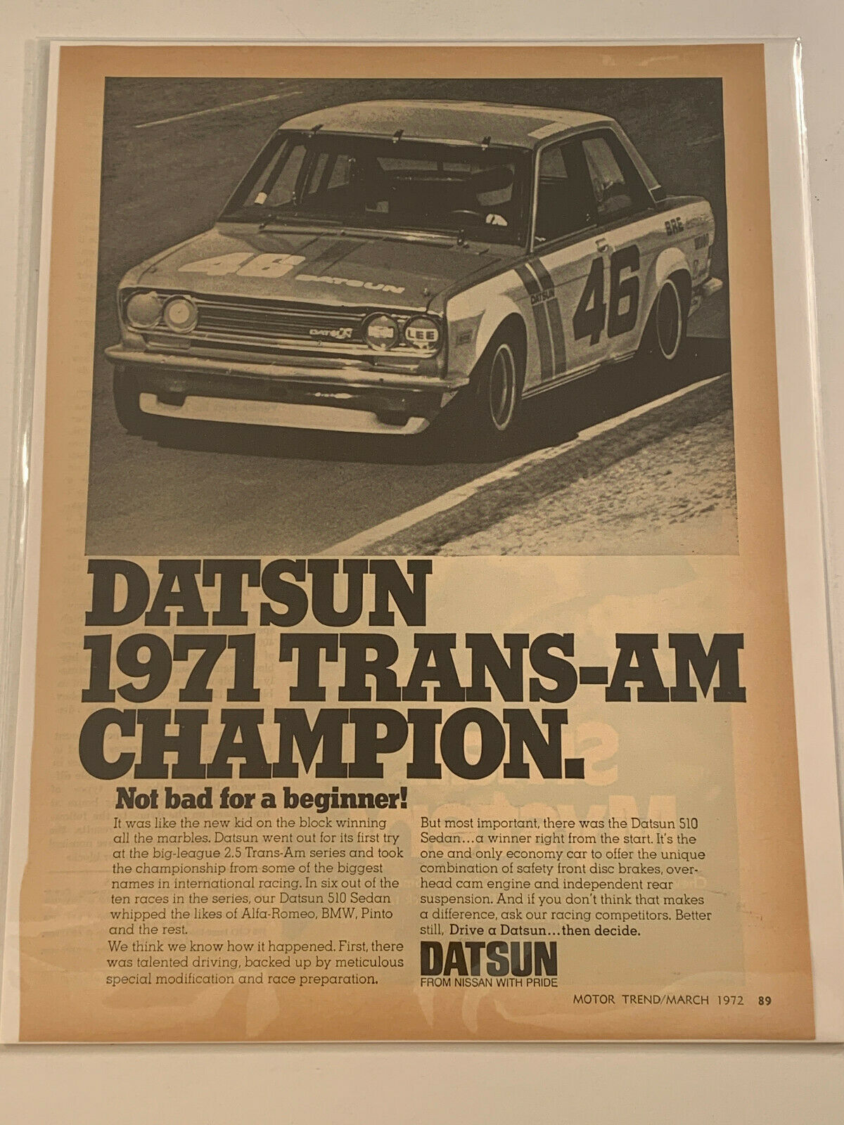 1972 Datsun 510 Sedan Car Trans-Am Series Race Nissan Vintage Magazine Print Ad