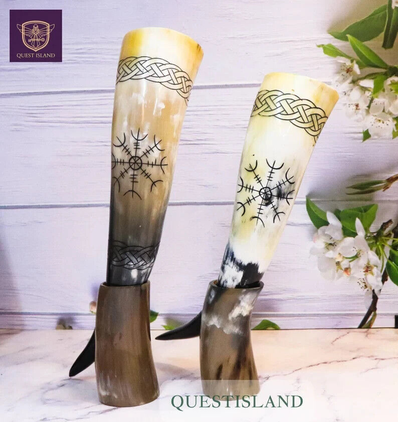 Set of 2 Viking Drinking Horn With Stand Handcrafted Drinking Tankard Viking Hor