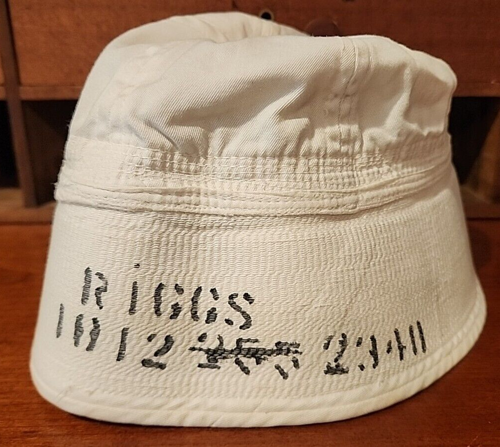 Vintage 1940s WWII US Navy Stenciled Named White Dixie Cup Sailor Cap Hat USN