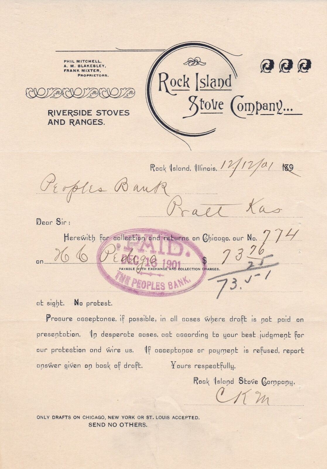 U.S. ROCK ISLAND STOVE COMPANY, 1901 Riverside Stoves & Ranges Invoice Ref 48848