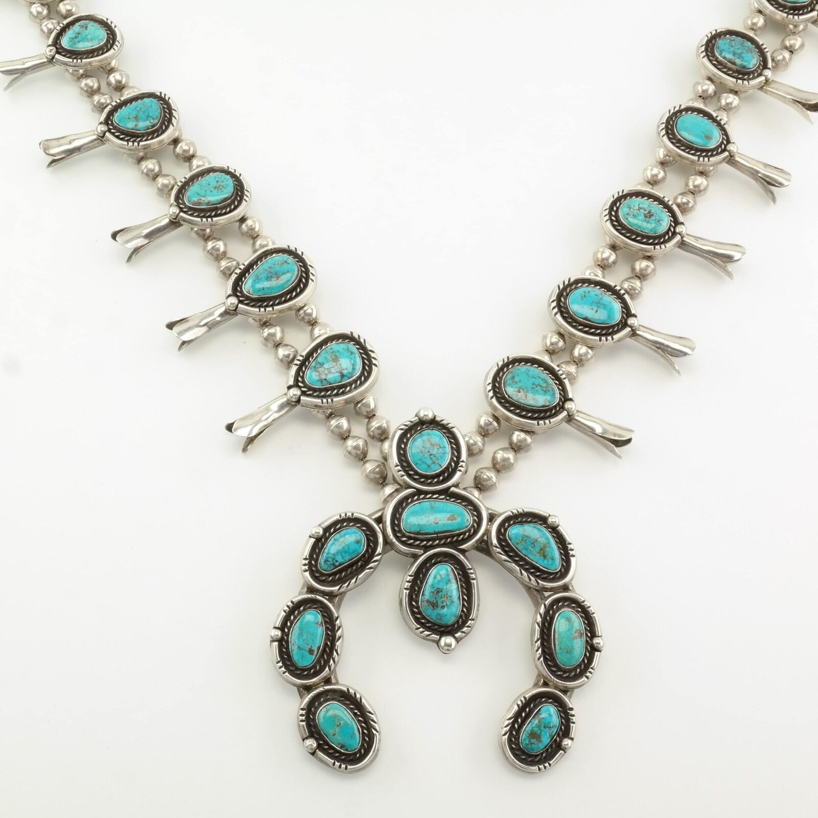 Necklace Vintage Native American Sterling Silver Turquoise Squash Blossom