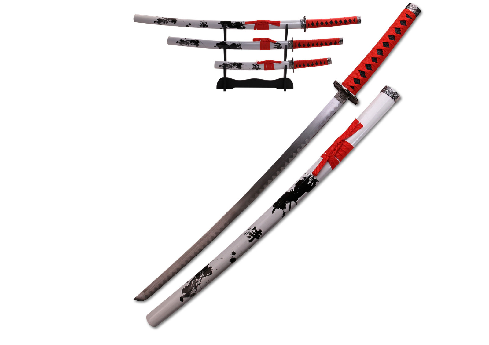 3pc Japanese Samurai Katana Sword Set Dragon Engraved Wooden Sheath w/ Stand