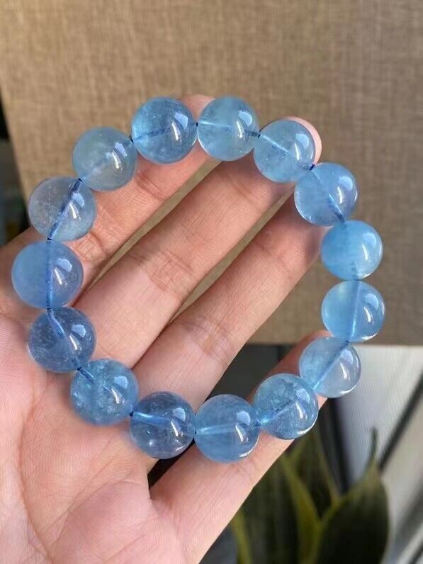 14mm Genuine Natural Blue Aquamarine Gemstone Crystal Round Bead Bracelet AAAA