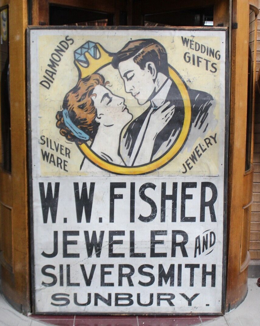 Early 1900s W. W. Fisher Jewelers & Silversmith Sunbury 6ft Ithaca Sign Works