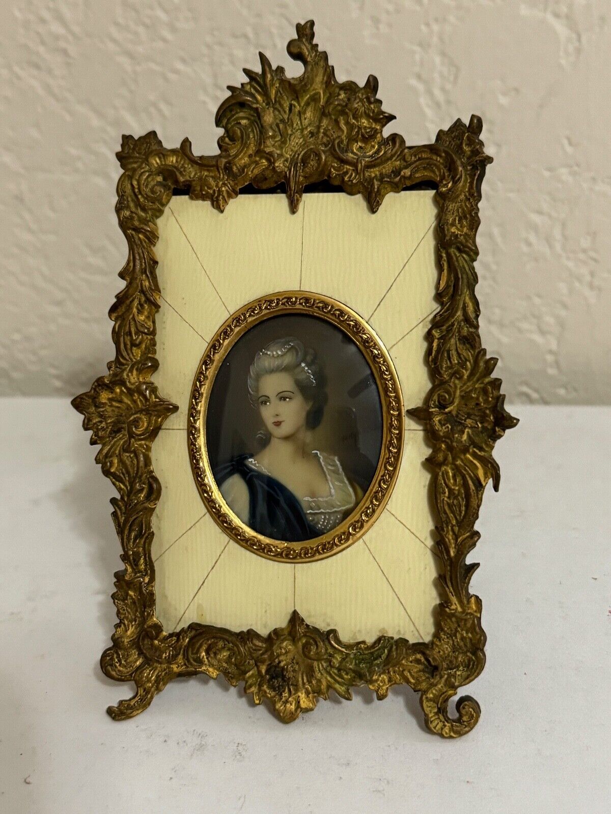 Antique Signed Small Portrait Plaque of Woman in Ornate Brass Frame