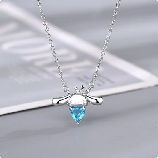 Cinnamoroll Tiny Silver Plated Pendant Blue Gem Setting Tin Chain Necklace New