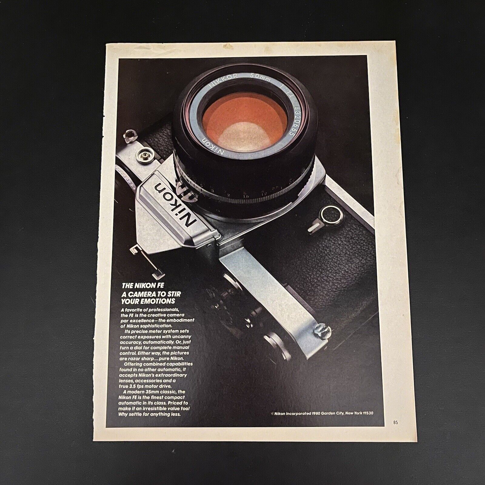 1980 Nikon FE 35 mm Camera Print Ad Original Vintage To Stir Your Emotions
