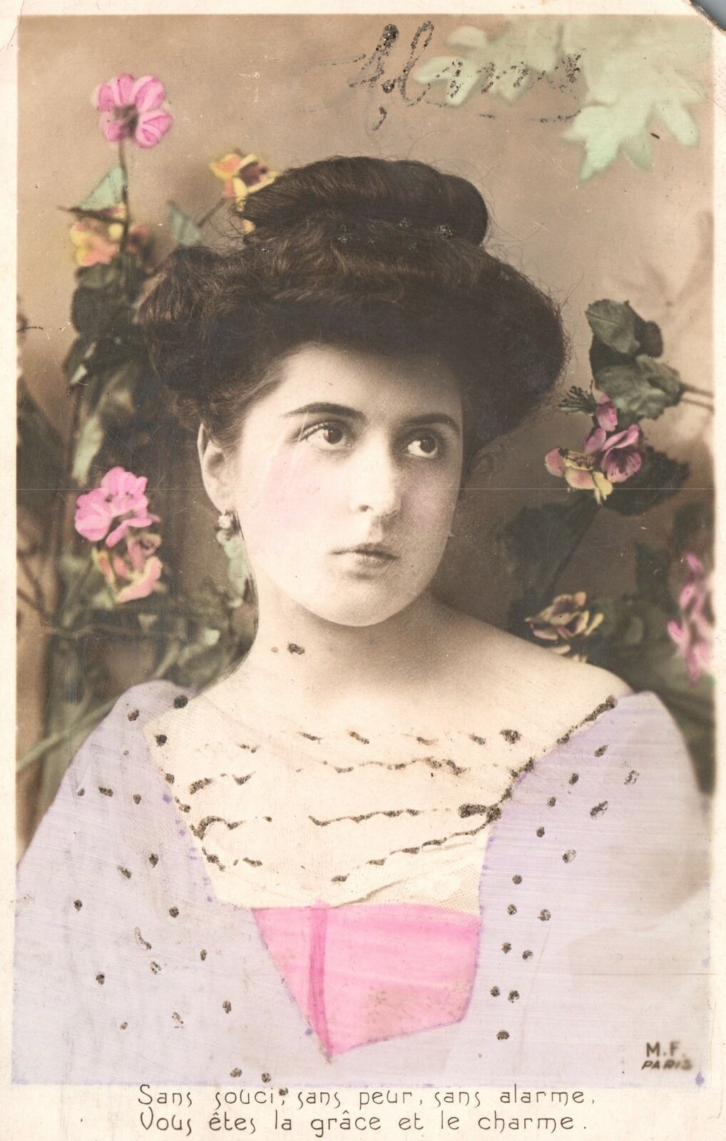 Vintage Postcard 1907 Beautiful Lady Woman Edwardian Hair Background Flowers