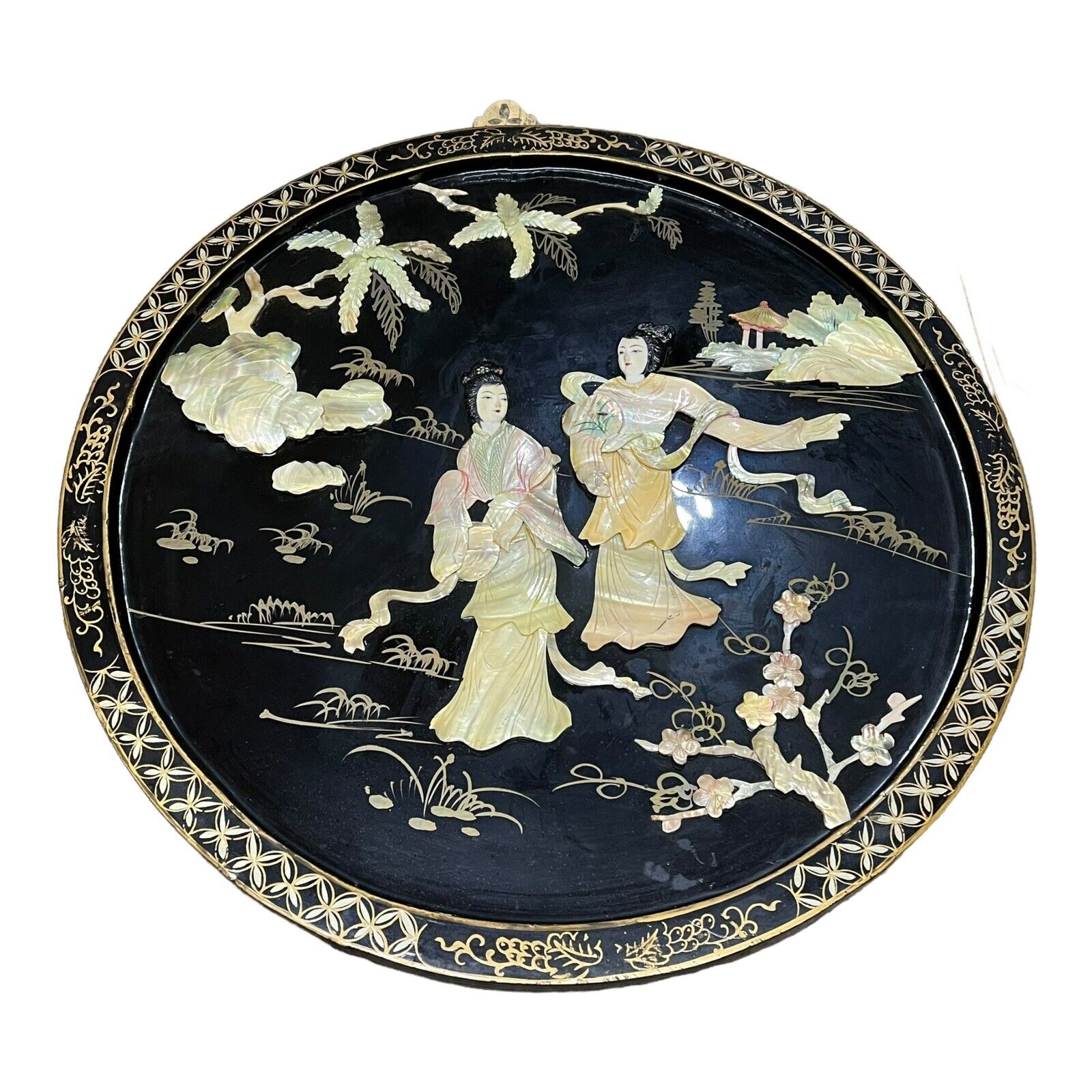 Oriental Large Mother of Pearl Black Lacquer Asian Women Round Wall Art 19.5”